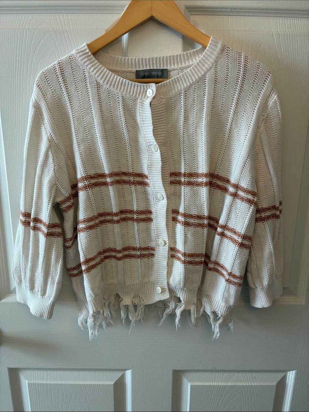 April Cornell White Open-Weave Cardigan with Rust Stripes and Fringe Hem